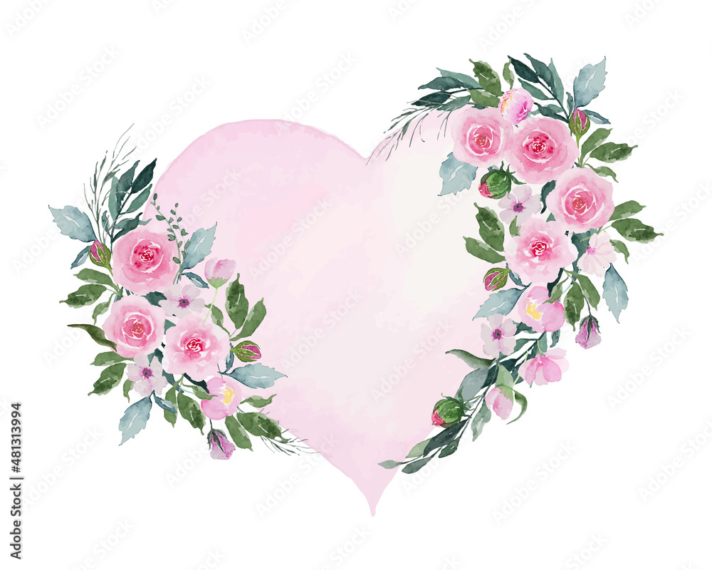 Valentine flowers with heart shape border watercolor drawing docoration item