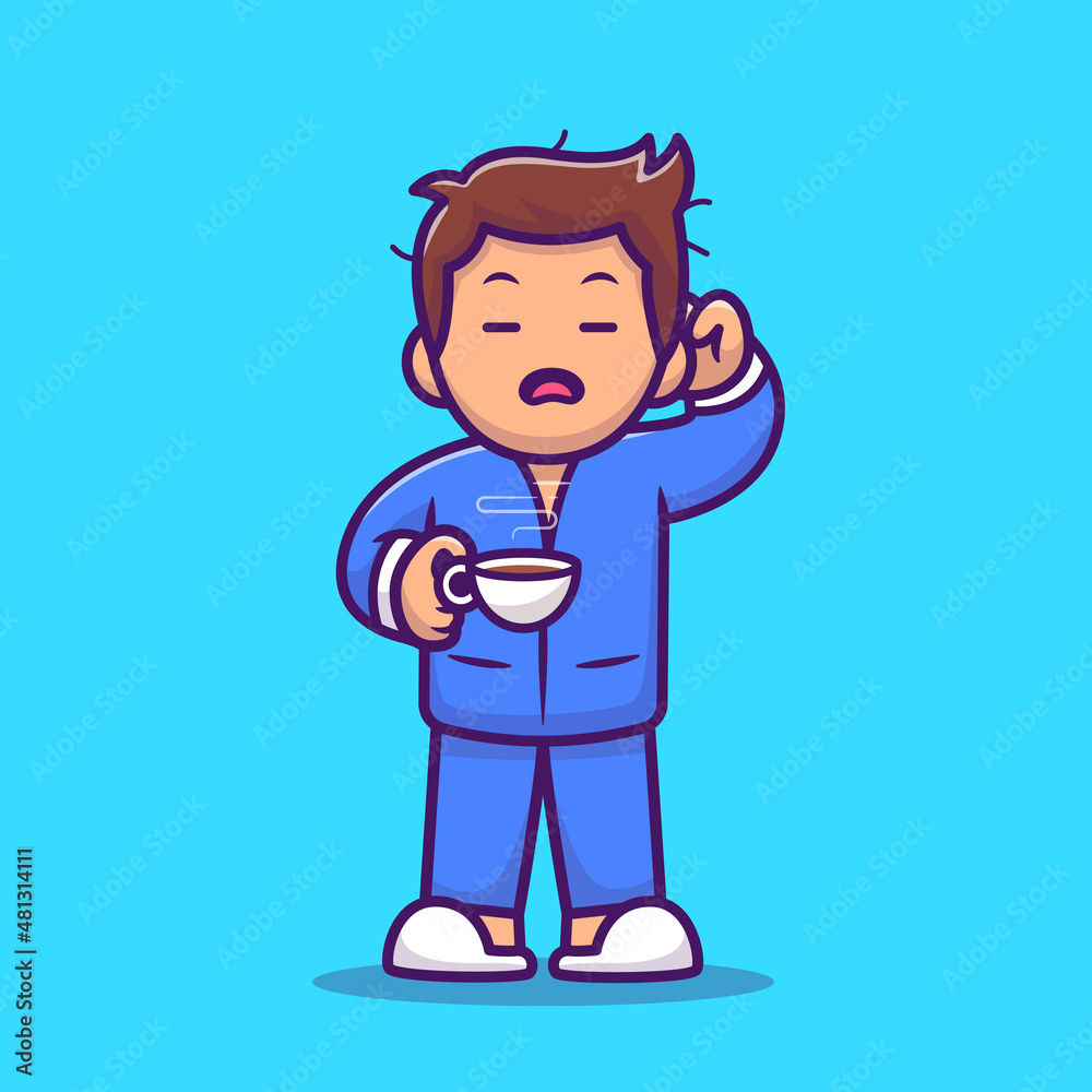 Sleepy Guy Holding Coffee Cartoon Vector Icon Illustration. People Icon Concept Isolated Premium Vector. Flat Cartoon Style