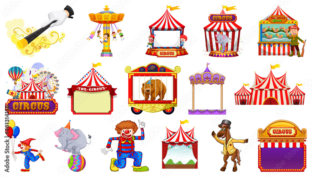 Set of circus characters and amusement park elements Set of circus characters and amusement park elements