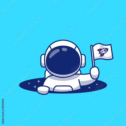Cute Astronaut Holding Flag In Space Hole Cartoon Vector Icon Illustration. Science Technology Icon Concept Isolated Premium Vector. Flat Cartoon Style