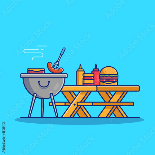 Barbecue Time Cartoon Vector Icon Illustration. Food Object Icon Concept Isolated Premium Vector. Flat Cartoon Style