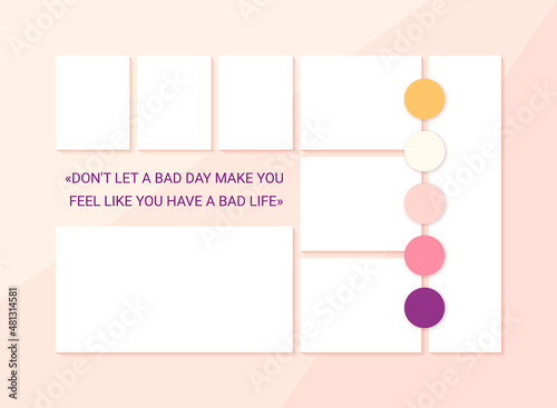 Moodboard template. Collage grid. Mood board background. Photomontage picture layout. Album design. Mosaic frame with colour palette. Horizontal mockup. Modern photography banner. Vector illustration
