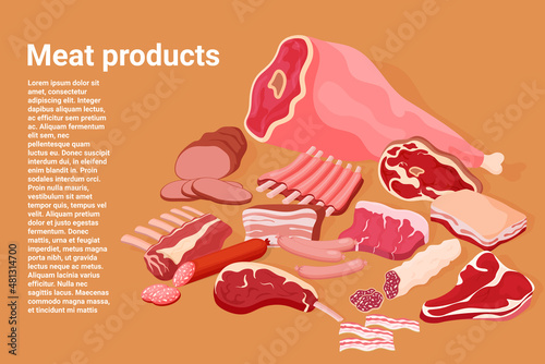 Meat products poster.A set of illustrations for a butcher shop.Beef steak, pork ham,bacon,carbonate,tenderloin, sausage, sausages, pork and beef ribs.Collection of elements for design.