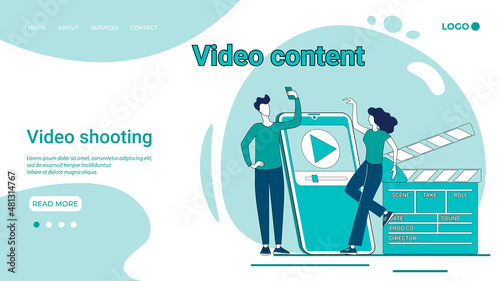 Video shooting.Creating visual content.Shooting for social networks, video editing of the finished material.An illustration in the style of a landing page in green.