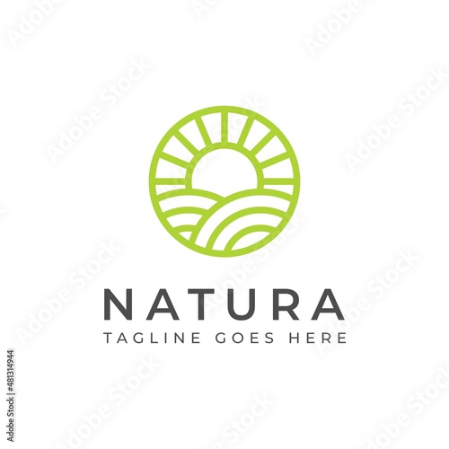 Farm land agriculture and sun sunlight sunrise sunset sunny logo design with simple line art style 