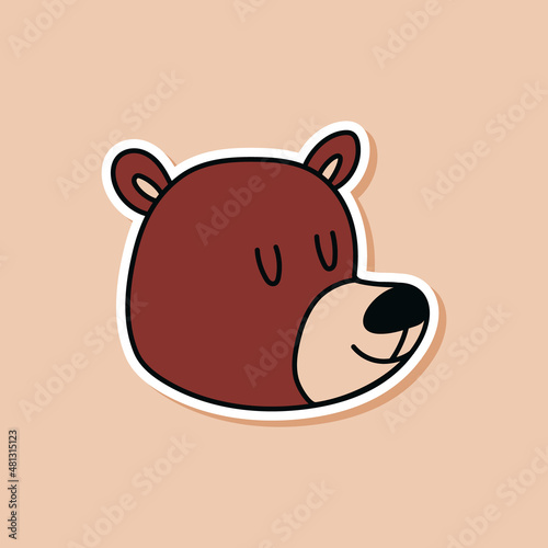 Drawn sticker doodle of a bear with closed eyes. Isolated sticker of cute wild animal head. Vector illustration of animal nature.