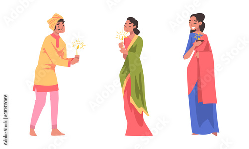 Diwali Hindu Holiday Celebration with Indian People Character in Traditional Clothes Holding Light Vector Set