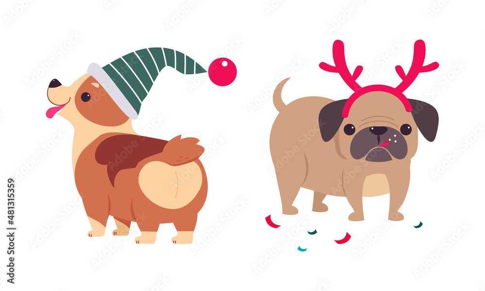 Fototapeta premium Cute Dogs of Different Breed Dressed in Christmas Hat and Deer Antler Vector Set