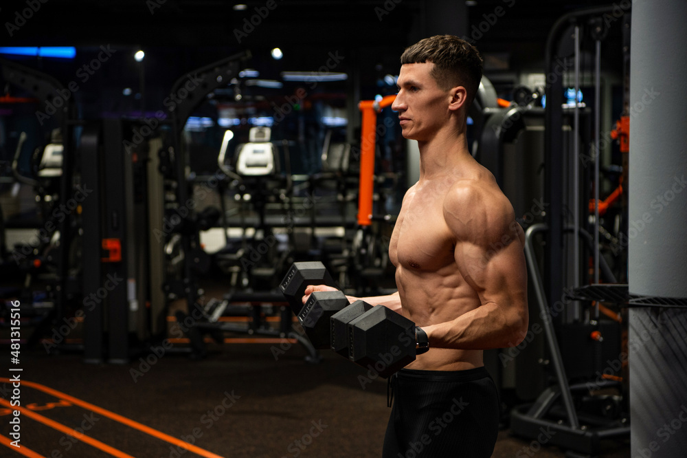 Shirtless man doing bicep tricep curls with dumbbells in gym, strength workout Shirtless man doing bicep tricep curls with dumbbells in gym, strength workout