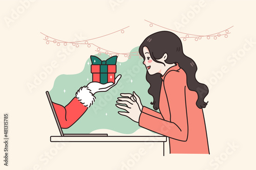 Excited young woman triumph get gift on online Christmas lottery on computer. Overjoyed girl feel euphoric with present or win on New Year sale deal or promotion on web. Vector illustration. 