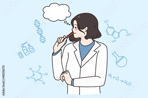 Pensive young female scientist in uniform think of chemical discovery or research. Woman researcher or lab worker brainstorm develop vaccine against disease. Medicine concept. Vector illustration. 