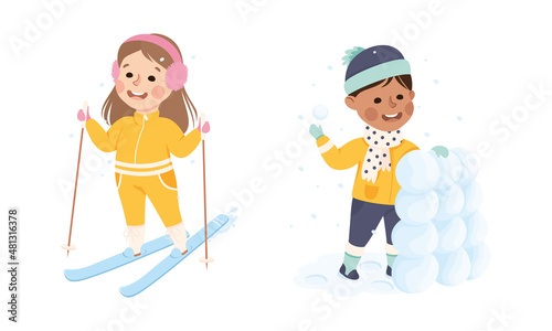 Excited Boy and Girl in Hat and Earmuffs Skiing and Building Igloo Vector Set