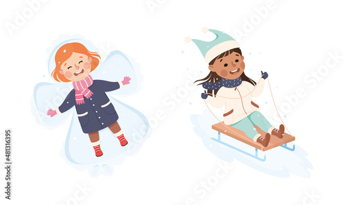 Excited Little Girl Making Star Lying on Snow and Sleighing Downhill Vector Set