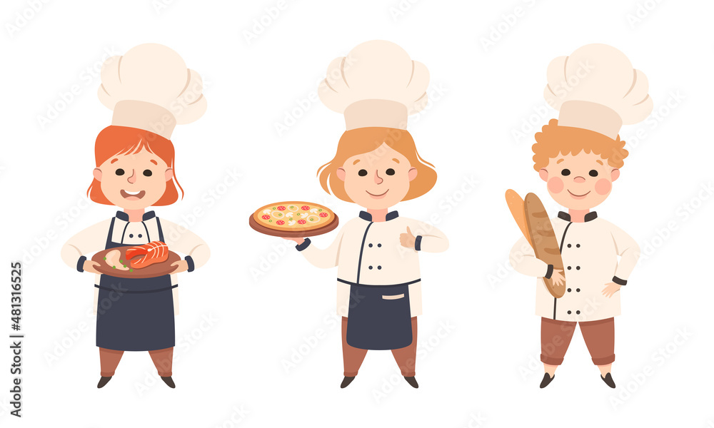 Children Chef in White Toque and Uniform Enjoying Culinary and Cookery Holding Pizza and Fresh Bread Vector Set Children Chef in White Toque and Uniform Enjoying Culinary and Cookery Holding Pizza and Fresh Bread Vector Set