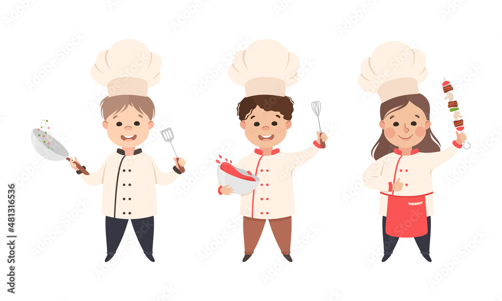 Children Chef in White Toque and Uniform Enjoying Culinary and Cookery Holding Shashlik on Skewer and Whisk with Bowl Vector Set Children Chef in White Toque and Uniform Enjoying Culinary and Cookery Holding Shashlik on Skewer and Whisk with Bowl Vector Set