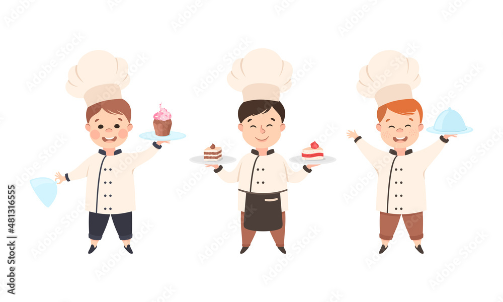 Children Chef in White Toque and Uniform Enjoying Culinary and Cookery Holding Cake and Tray with Served Dish Vector Set Children Chef in White Toque and Uniform Enjoying Culinary and Cookery Holding Cake and Tray with Served Dish Vector Set