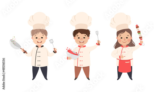 Children Chef in White Toque and Uniform Enjoying Culinary and Cookery Holding Shashlik on Skewer and Whisk with Bowl Vector Set