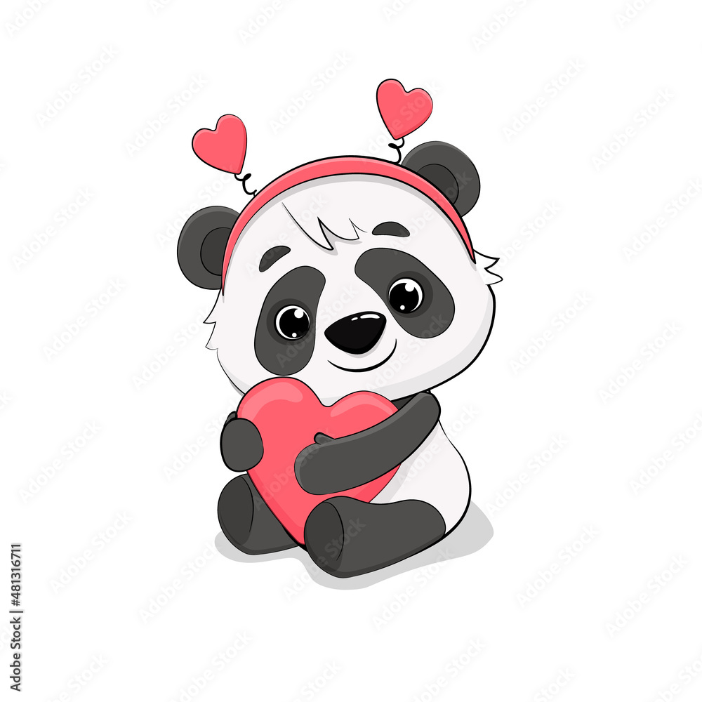 Cute cartoon little panda with heart for your disign.Valentines ...