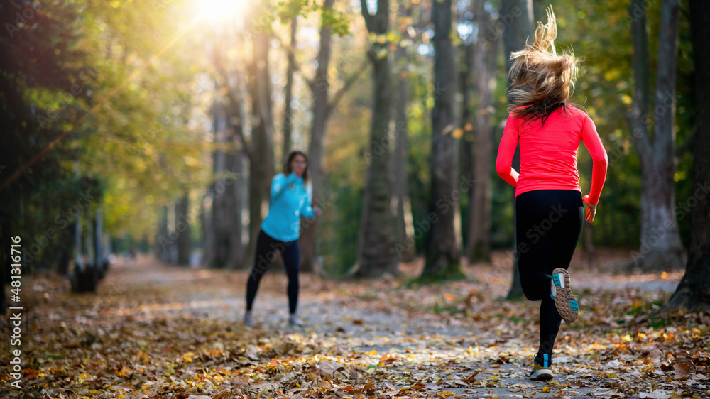 Obraz premium Woman Exercising in Public Park with Personal Trainer. Trainer Cheering and Woman Running