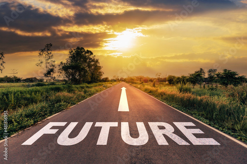 Φωτογραφία Future text on the highway road concept for planning and challenge or career path, business strategy in sunset background