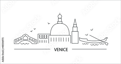 Venice vector illustration in the art line style. Black lines on the white background. Elegant style for traveling brochures, banners, stickers, cards. Italian city.