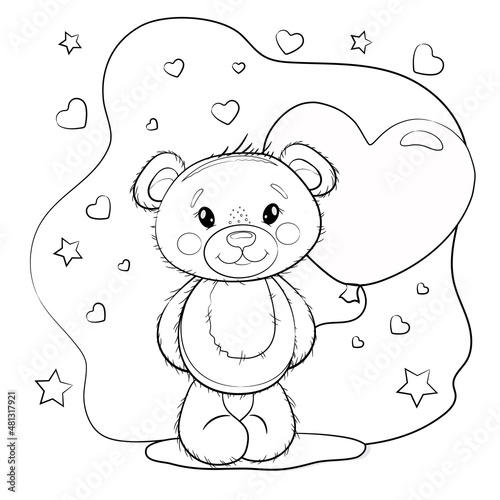 Cute teddy bear with a balloon in the shape of a heart. Teddy bear on a white background with hearts. Vector illustration - coloring book for Valentine's Day or birthday.