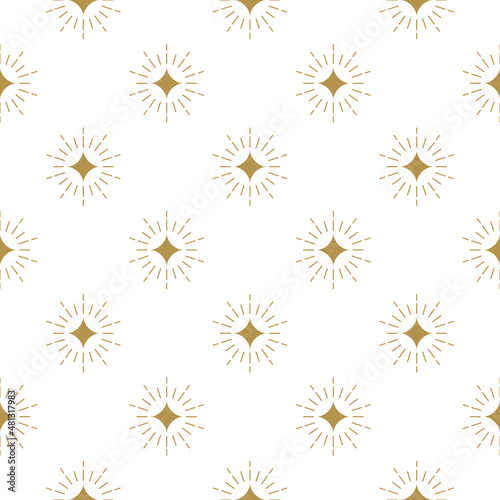 Seamless pattern with golden shining stars or sparkles on white background. Vector illustration.