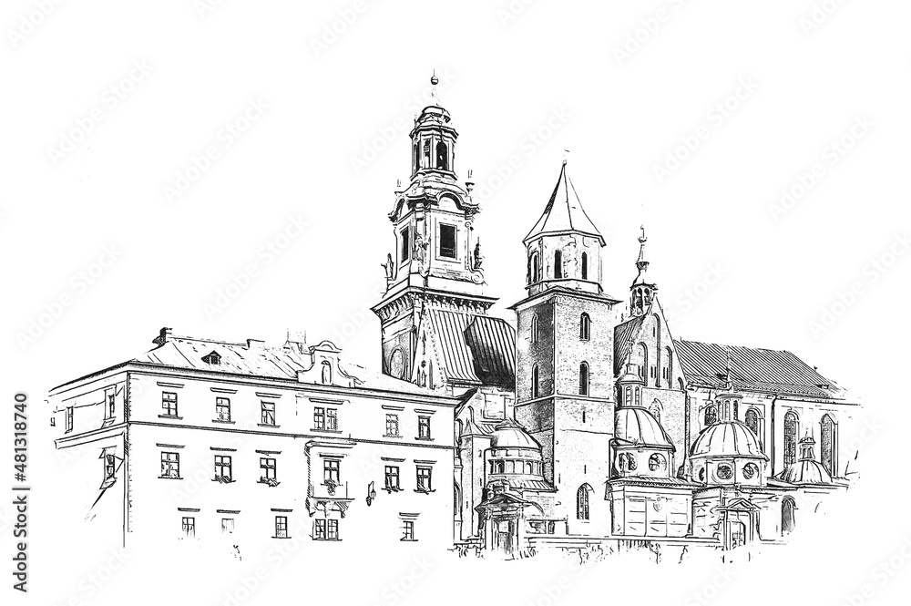 Wawel Royal Castle complex in Krakow, Poland, the most historically and culturally important site in Poland, ink sketch illustration.