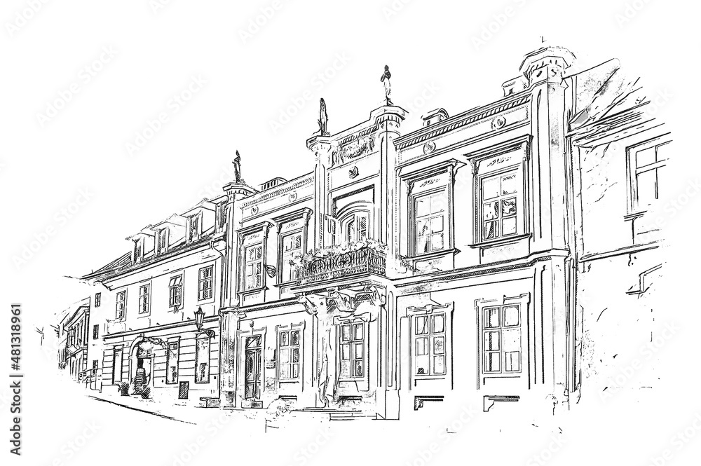 Facades of historic houses in the old town of Banska Stiavnica, Kamerhofska Street, Slovakia, ink sketch illustration.