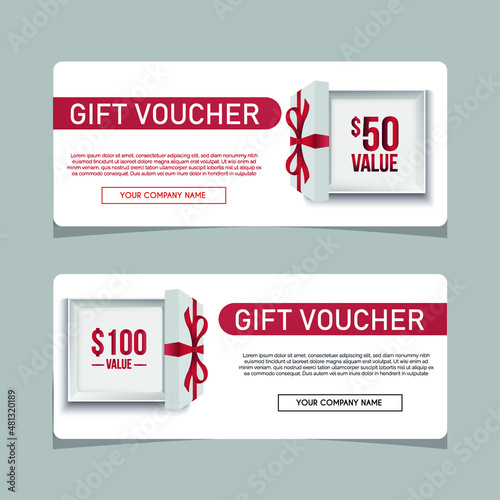 Realistic open gift box with ribbon gift voucher banners design templates