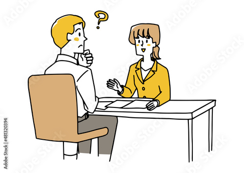 カウンターで若い女性スタッフに質問する男性　温かみのある手書きの人物イラスト　 © 星野スウ