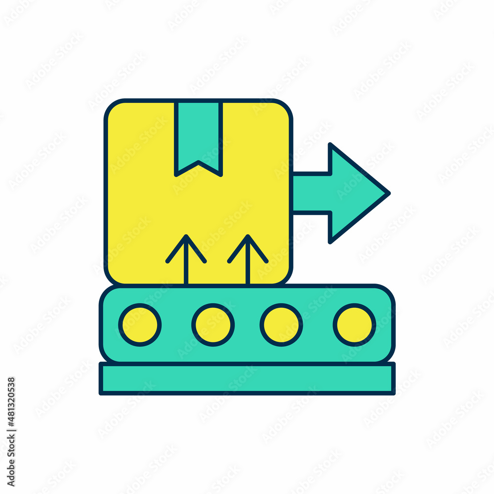 Filled outline Conveyor belt with cardboard box icon isolated on white background. Vector Filled outline Conveyor belt with cardboard box icon isolated on white background. Vector