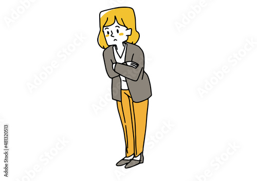 下を覗き込んで考えている女性　温かみのある手書きの人物イラスト　白バックにベクター