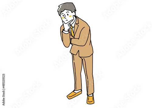 下を覗き込んで考えているスーツの男性　温かみのある手書きの人物イラスト　白バックにベクター