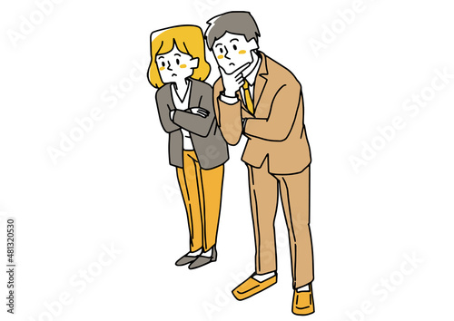 下を覗き込んで考えているビジネスマンの男女　温かみのある手書きの人物イラスト　白バックにベクター
