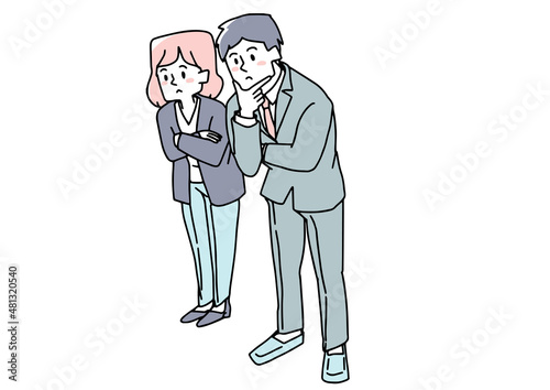 下を覗き込んで考えているビジネスマンの男女　温かみのある手書きの人物イラスト　白バックにベクター