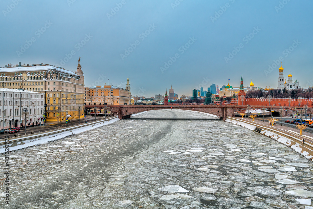 Naklejka premium View of Kremlin, Moscow City and the frozen river Moscow