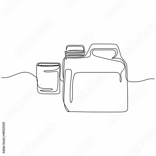 Continuous one simple single abstract line drawing of gallon bottle and glass of milk in silhouette on a white background. Linear stylized.