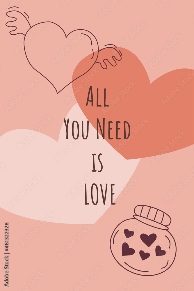 Valentine's day card with two hearts, romantic symbols and All you need is love text. Vector illustration in doodle outline style