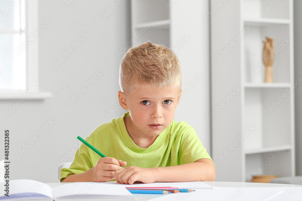 Cute little boy drawing with pencil at home Cute little boy drawing with pencil at home