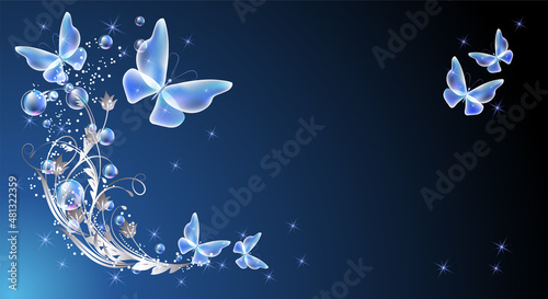 Fairytale night background with magical butterflies and bubbles, flowers ornate and shiny stars. Fantasy sparkle composition consists of transparent iridescent balls, floral ornament and copy space.