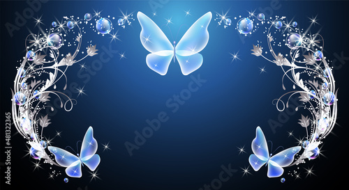 Fairytale background with magical blue butterflies and bubbles, flowers ornate and stars. Fantasy sparkle frame consists of transparent iridescent balls, floral ornament and copy space.