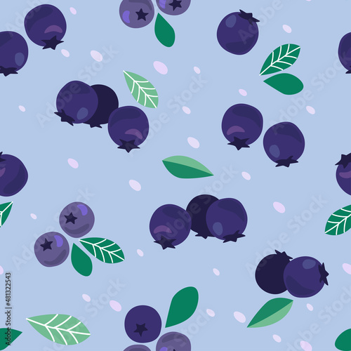 Seamless pattern with berries and fruits, Blueberry leaves, natural aronia, vegan print. Vector graphics.