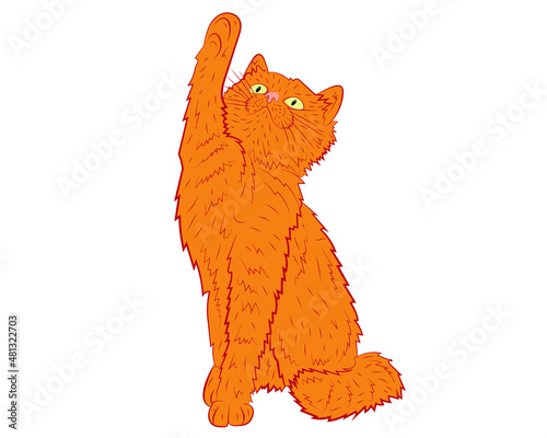 Realistic playing ginger cat. vector illustration