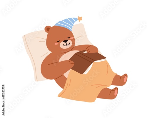 Cute bear sleeping. Funny teddy falling asleep, lying on pillow. Sweet baby animal in night cap napping with book. Sleepy child character. Kids flat vector illustration isolated on white background photo
