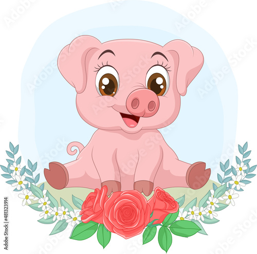 Cartoon baby pig sitting in the grass with flowers