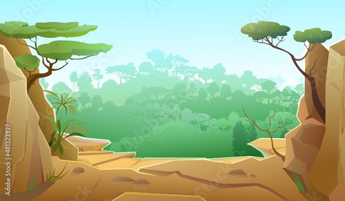 Tropical forest. Stone cliffs and stones of mountains. Landscape of southern countryside. Cool cartoon style. Vector