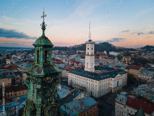 aerial view of lviv city center on sunset
