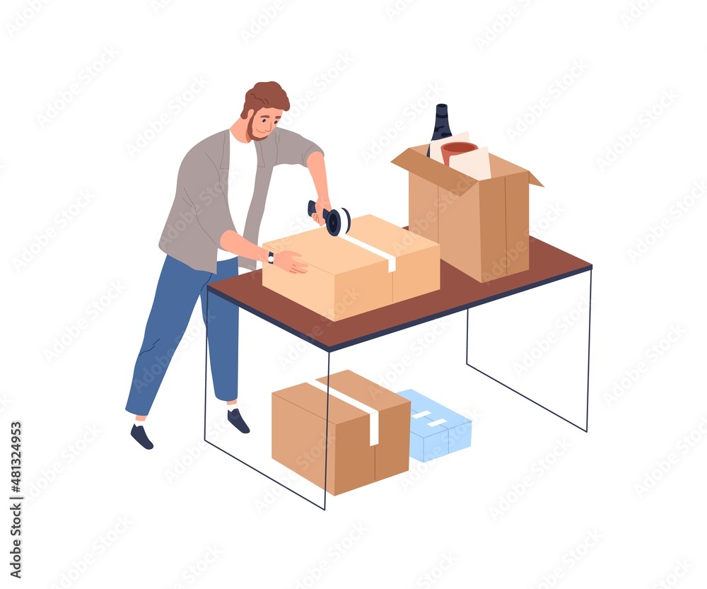 Person packing stuff in carton boxes. Man preparing cardboards for