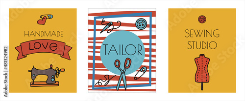Vector doodle sewing banners. Vector tailoring tools icons. Sewing mannequin, machine, measuring and cutting supplies, Black outline. Sketch with professions